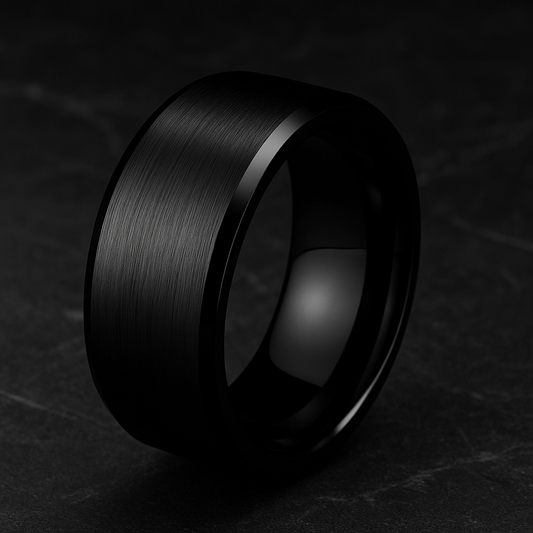Brushed Silver Black Mens Ring